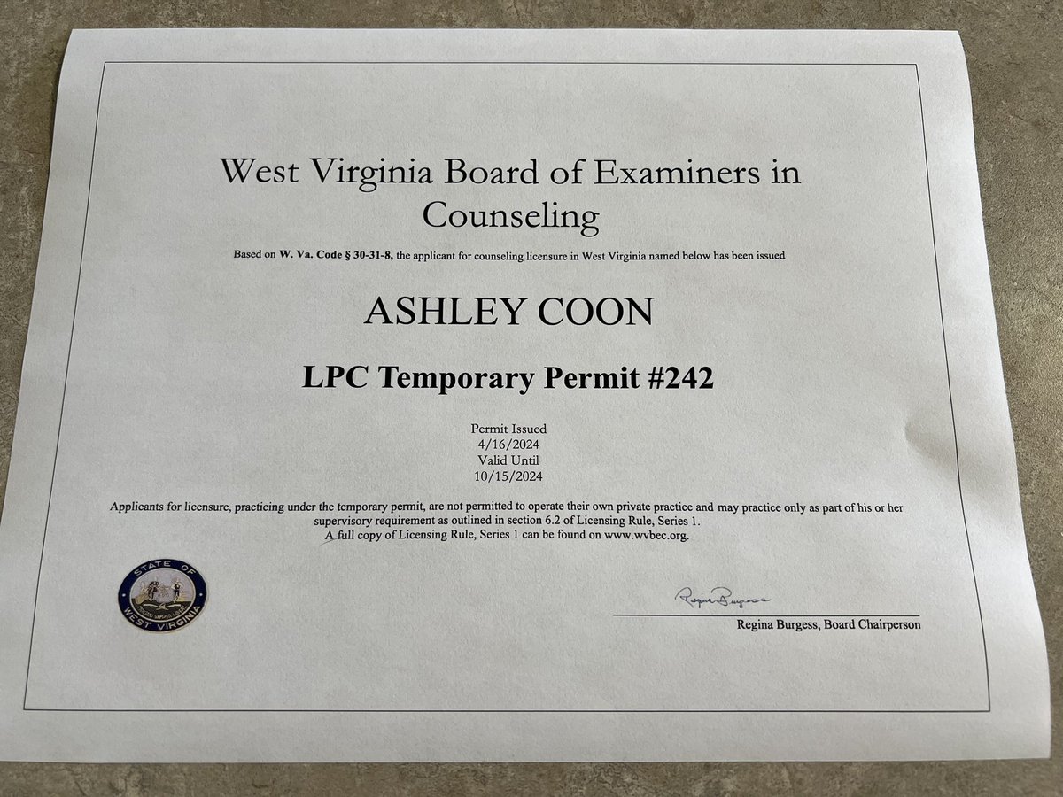 i am SO excited to share that i’ve been approved by the WV counseling board for a temporary permit license! next step, pass the NCE! 🤩🧠