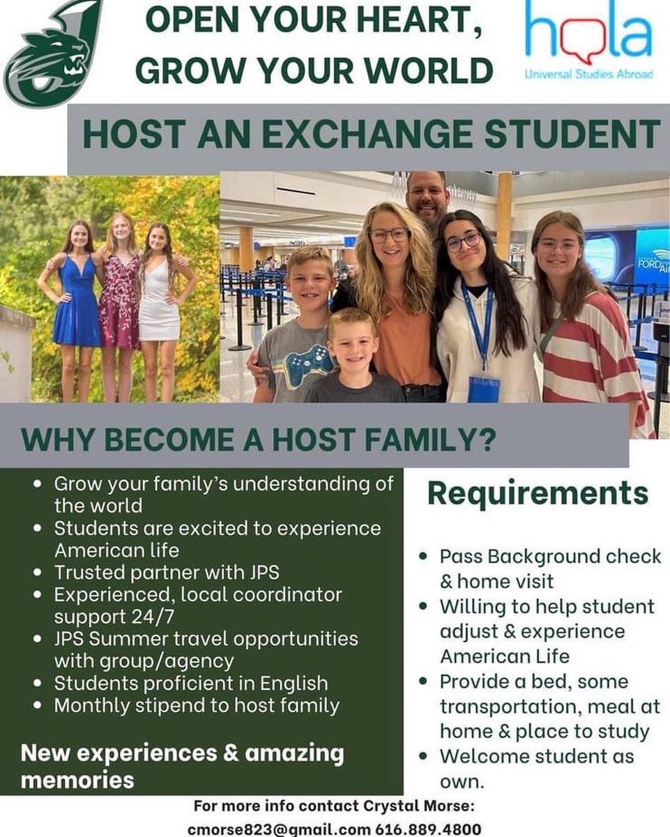 JpsIntlStudent's tweet image. #HOSTING can change your WORLD!

@JenisonStudents  from Brazil, Italy, S. Korea, Germany &amp;amp; Spain need host families. Contact us for 24/25 exchange student bios.