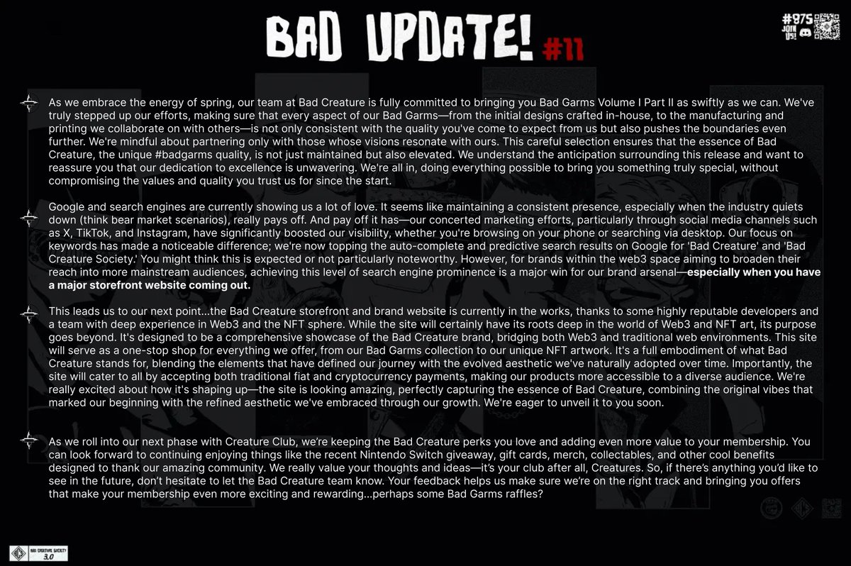 Bad Update #11

Spring is here, and so are we. Read up. and We'll talk to you guys on the inside. 

#staybad