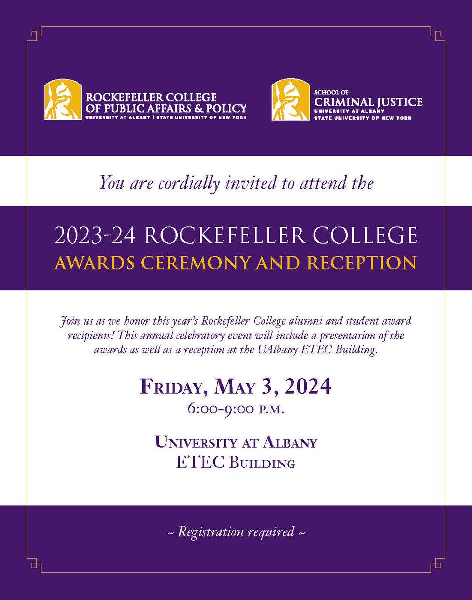 🏆Join us as we honor @RockefellerColl and @UAlbanySCJ alumni and student award recipients on Friday, May 3rd. This event will include a presentation of the awards as well as a reception at the @ualbany ETEC Building. Registration deadline is April 22nd! albany.edu/2023-24-awards…
