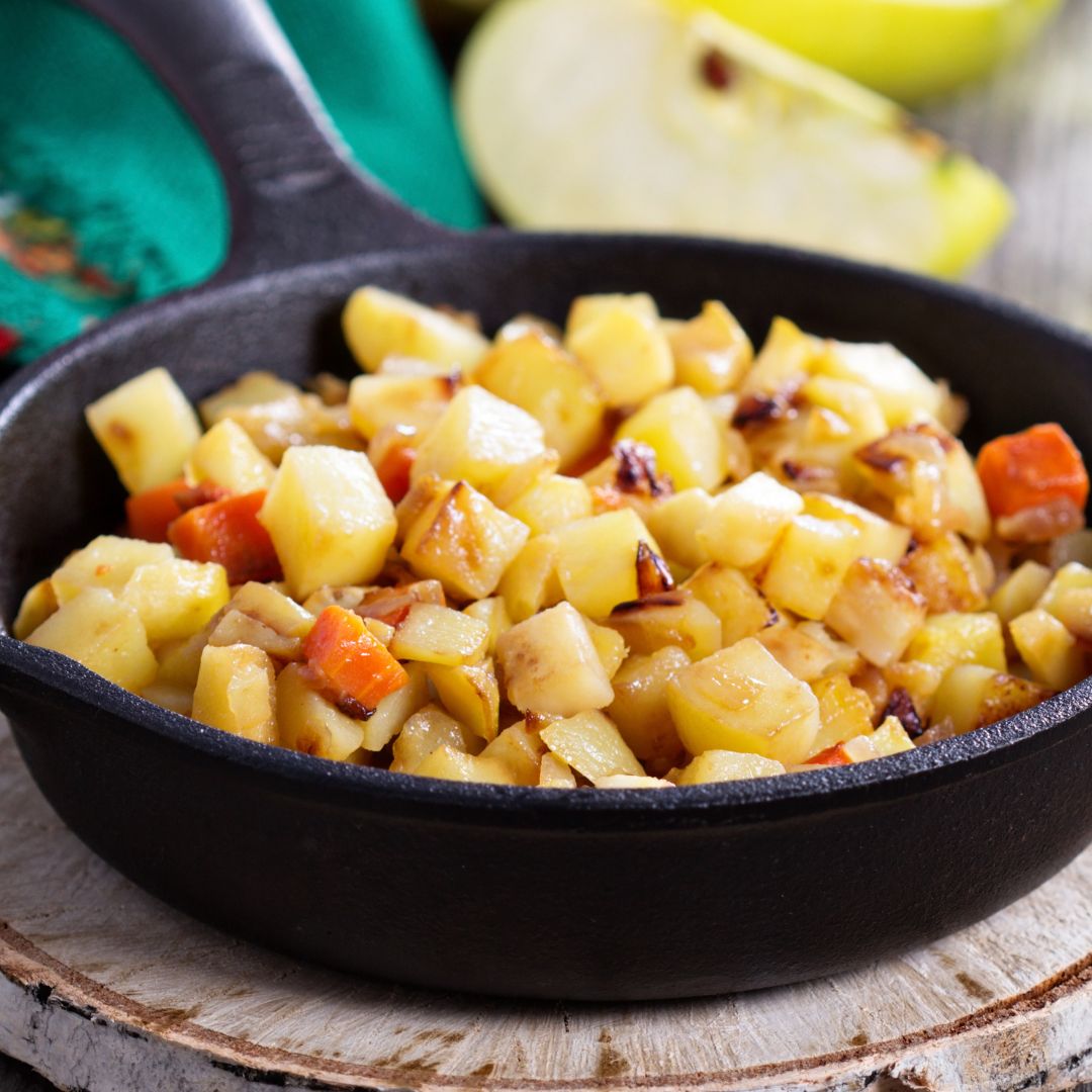 Use our Mr. Dell's Southern Style Hash Browns (cubed potatoes) to create this Hash recipe with carrots, apples, and onions.  You'll love the savory and sweet flavor.  Find where to buy our Hash Browns at mrdells.com. #MrDells #HashBrowns #Hash #Potato #PotatoLovers