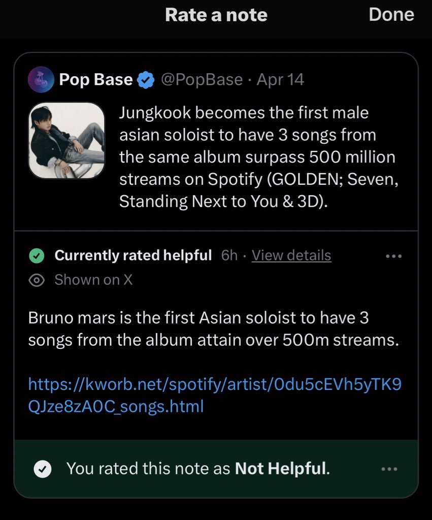 ⚠️ ATTENTION ⚠️ rate this community note as helpful and the one added under the popbase tweet as unhelpful. twitter.com/i/communitynot…