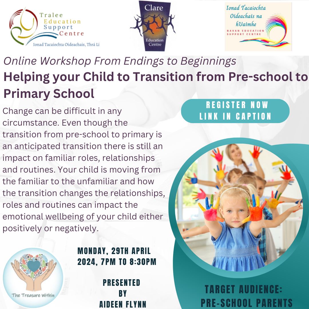 📢 Parents of Pre-School Children ➡️ Helping Your Child to Transition from Pre-school to Primary School 📅 Mon 29 April ⏲️ 7pm - 8:30pm 🗣️ Aideen Flynn 📌 Zoom 💰 €5.00 ®️ zoom.us/webinar/regist… @TraleeESC @CentreNavan