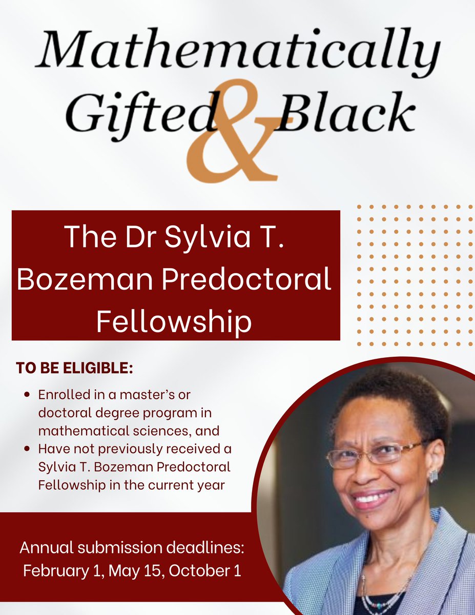 Thanks to generous donations, Mathematically Gifted and Black website are pleased to offer a fellowship to support predoctoral students. Named in honor of Dr. Sylvia T. Bozeman, a champion and advocate for women and minorities in the mathematical sciences. forms.gle/BmhRWbSnEeRVfC…