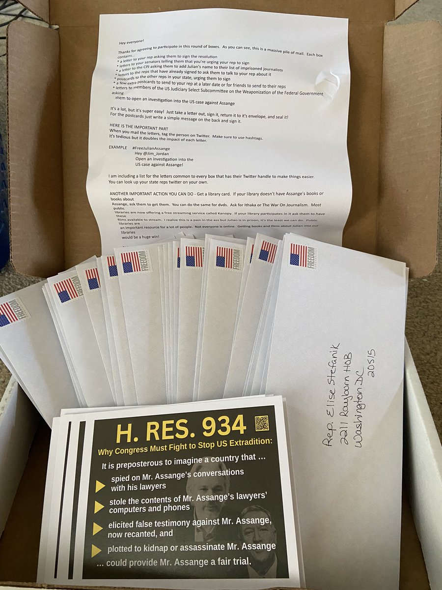 My box from the amazing @halobenson arrived today. I’m very excited to get all of these letters and postcards in the mail. Contact her to get your own or visit her GFM to help her cover the costs. Free Assange.