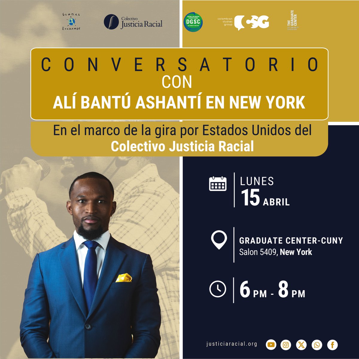 Únete a nosotros hoy a las 6pm en The Graduate Center, @GC_CUNY, en Nueva York, para escuchar a @bantuashanti, director del Colectivo de Abogados por la Justicia Racial y sé parte de nuestra gira por Estados Unidos participando en la conversación. #TheGraduateCenter #NuevaYork