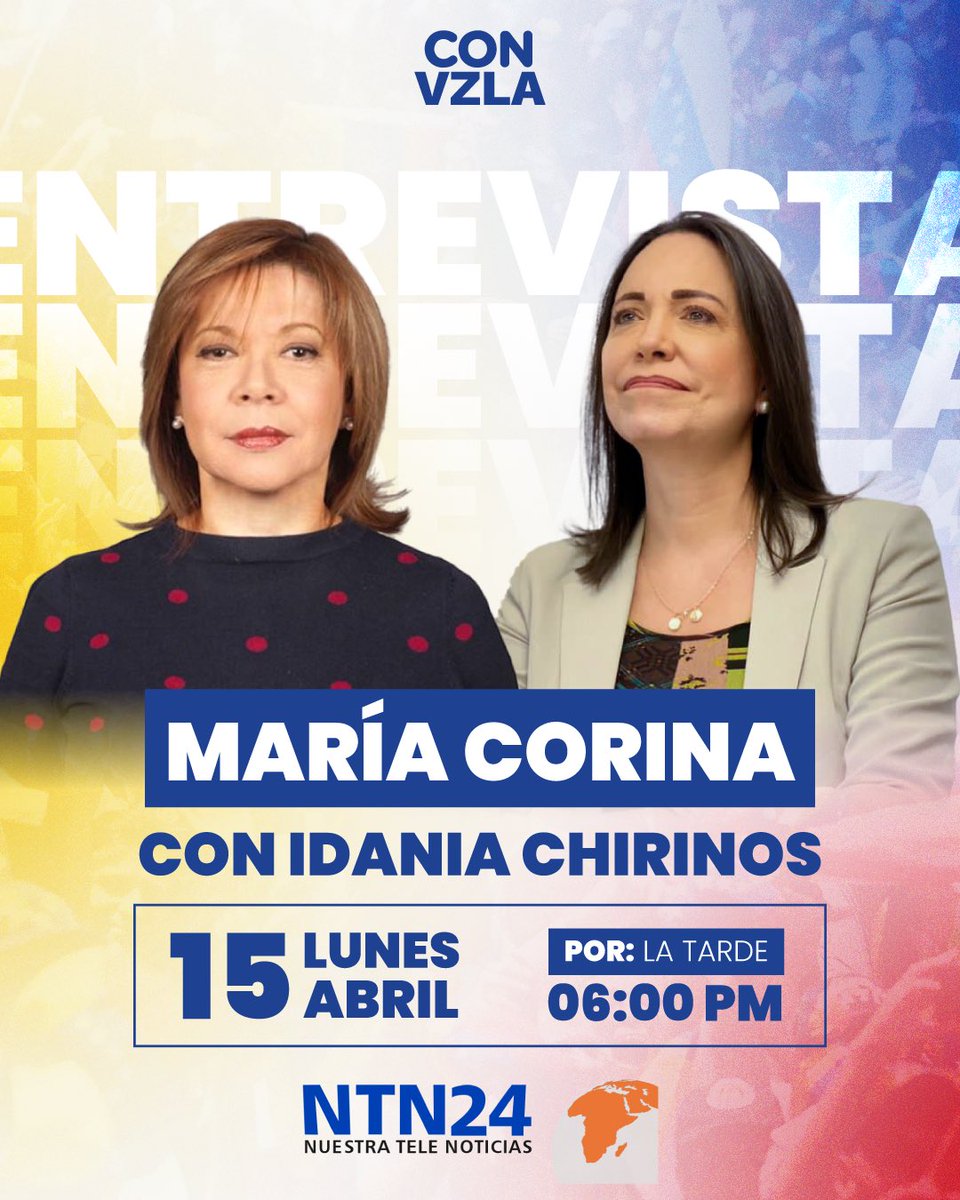 ¡Hoy! Escucha la #Entrevista de @MariaCorinaYA con @IdaniaChirinos en #LaTarde. 6:00pm, por @NTN24. En vivo, aquí: youtube.com/@ntn24?si=tpsQ…