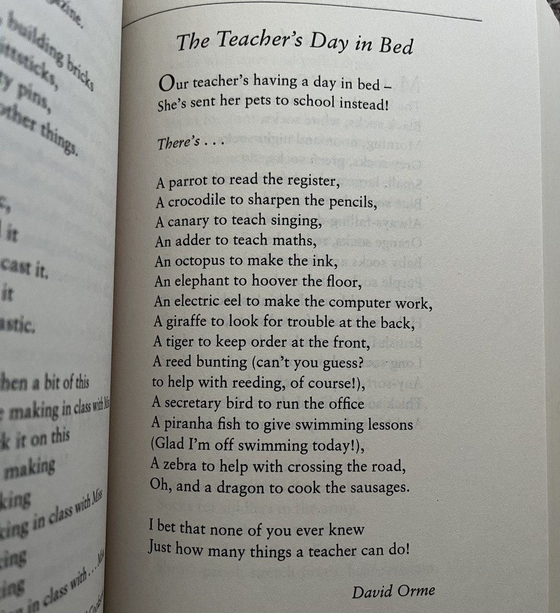 Much love to all the teachers who went back to school today. If you’re struggling tomorrow morning, here’s an idea… ‘The Teacher’s Day in Bed’ by David Orme. (Found in The Works, pg263.)