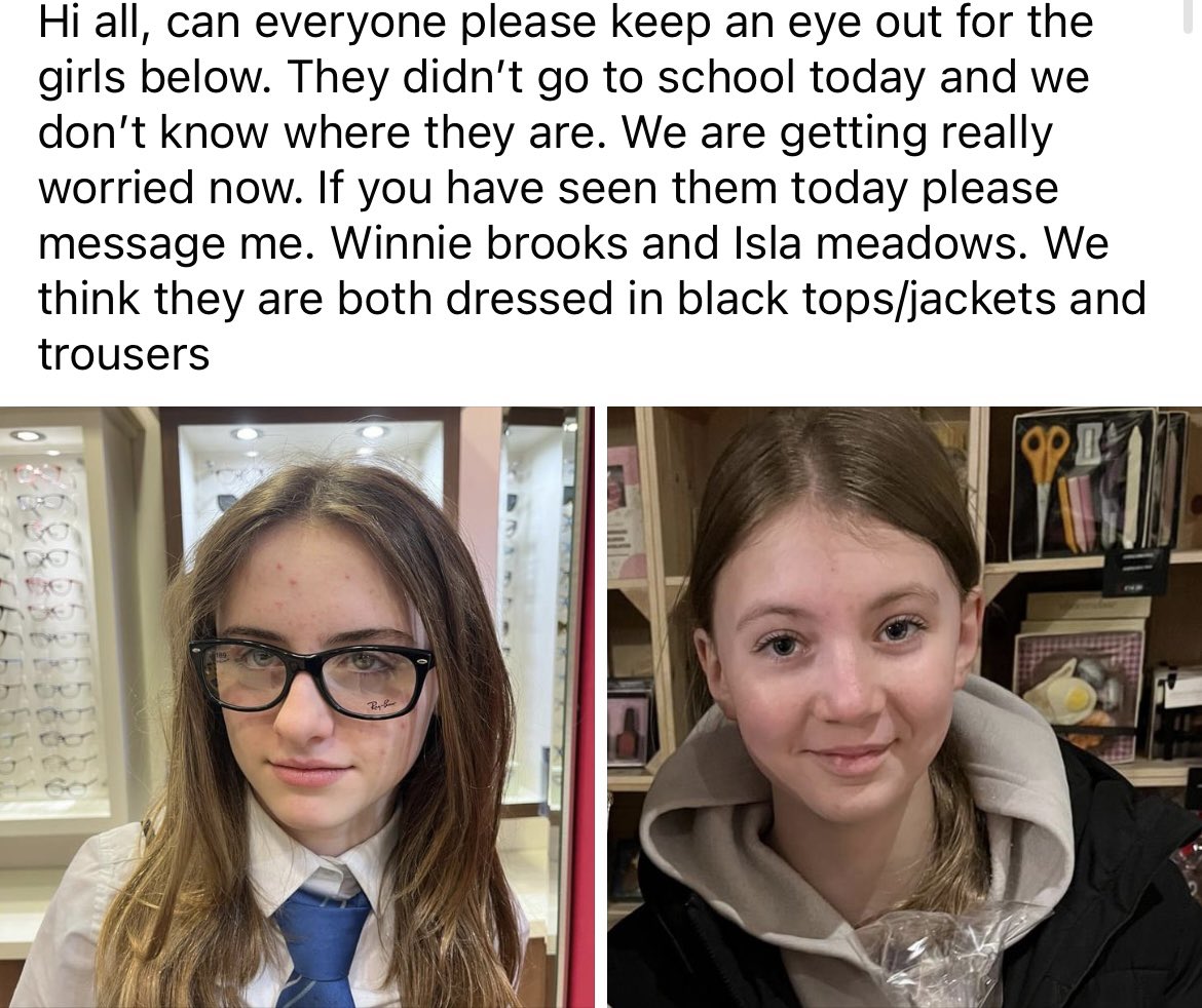 #MISSING 2 young girls from Gartcosh didn’t arrive at school this morning. Police aware, parents are very worried. Last seen Gartcosh train station (Mon 15th)
