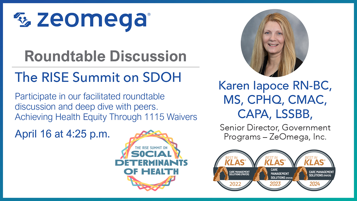 Tomorrow, we’re attending The #RISE Summit on #SDOH, where our Senior Director of Government Programs, Karen Iapoce, is hosting a roundtable on #healthequity through 1115 waivers. Stop by on Apr. 16, at 4:25pm to hear her insights! 💡 💡