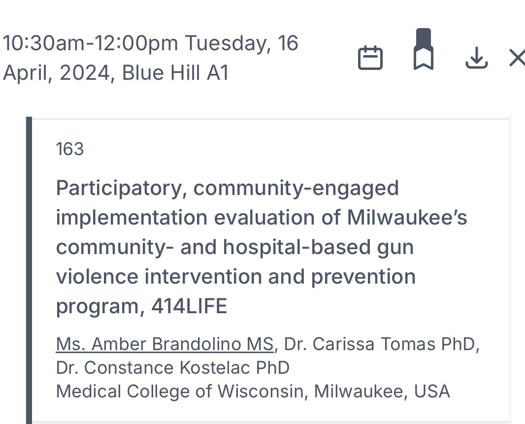 📢TOMORROW📢
Mixed method implementation evaluation of #414Life being presented tomorrow to highlight our participatory approach for this #gunviolence intervention and prevention program

<a href="/cicatmcw/">MCW Comprehensive Injury Center</a> @CarissaWTomas #SAVIR2024