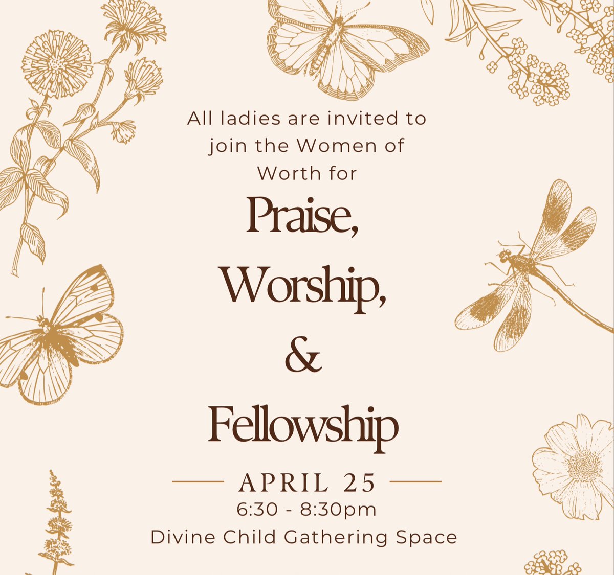 Calling all ladies! 📢 Grab a friend and join us for an uplifting evening of music and fellowship with the Women of Worth on April 25th, from 6:30pm to 8:30pm in the Gathering Space. No sign-up needed — just come as you are and come when you can! See you there!