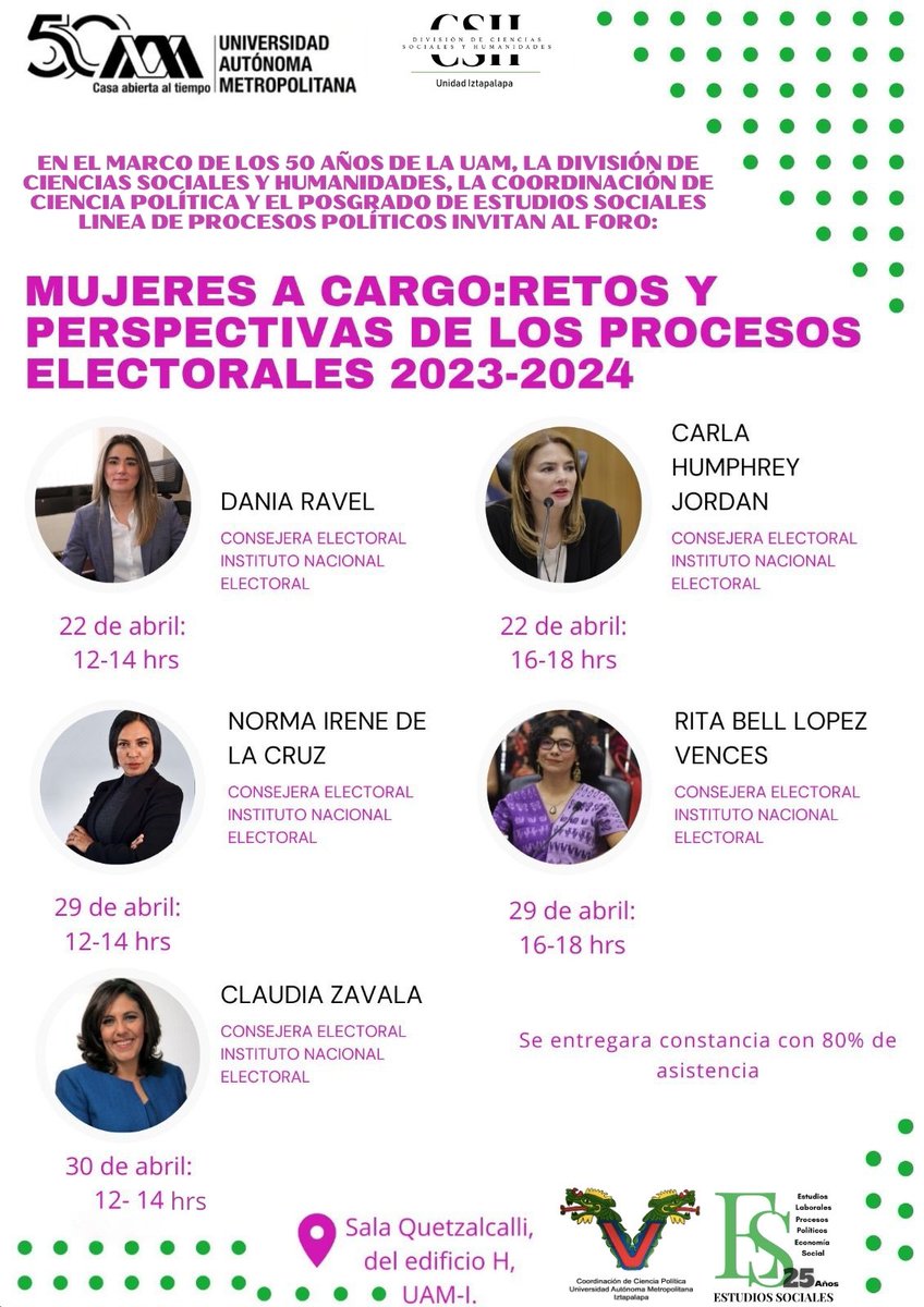 DocenciaCSH's tweet photo. La @divisioncshuami junto con @CipolUAM y la Coordinación de Línea de Procesos Políticos del Posgrado de Estudios Sociales, les invita al Foro Mujeres a Cargo: Retos y perspectivas de los Procesos Electorales 2023-2024, los próximos 22, 29 y 30 de abril en @UAM_Iztapalapa 

HILO https://t.co/IyTah6k13U