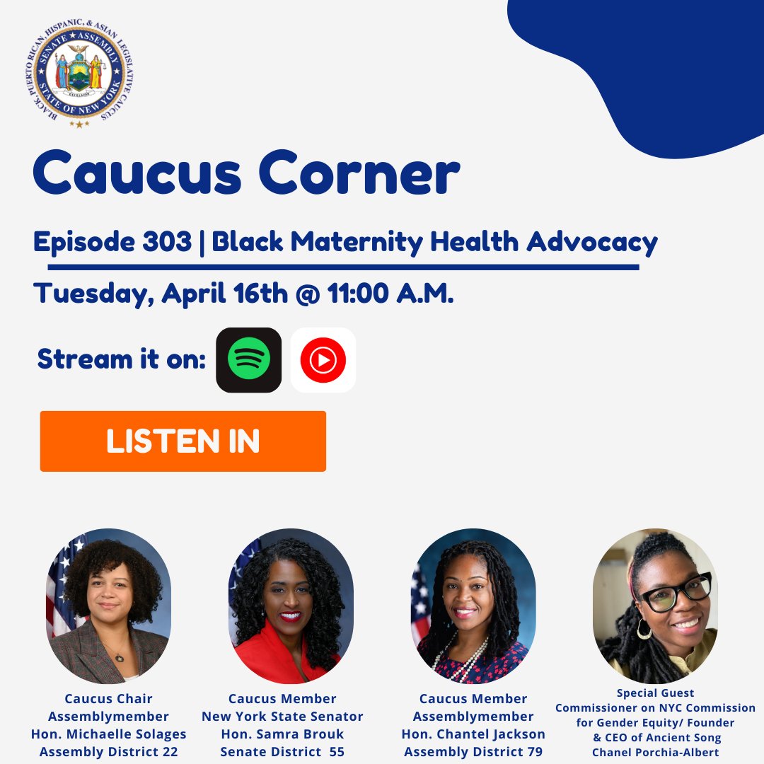 The newest episode of the #CaucusCorner will be streaming tomorrow at 11 a.m.! In honor of #BlackMaternalHealthWeek, panelists will discuss how current legislative efforts & budget initiatives are impacting Black mothers across New York State. #ADemandForJustice