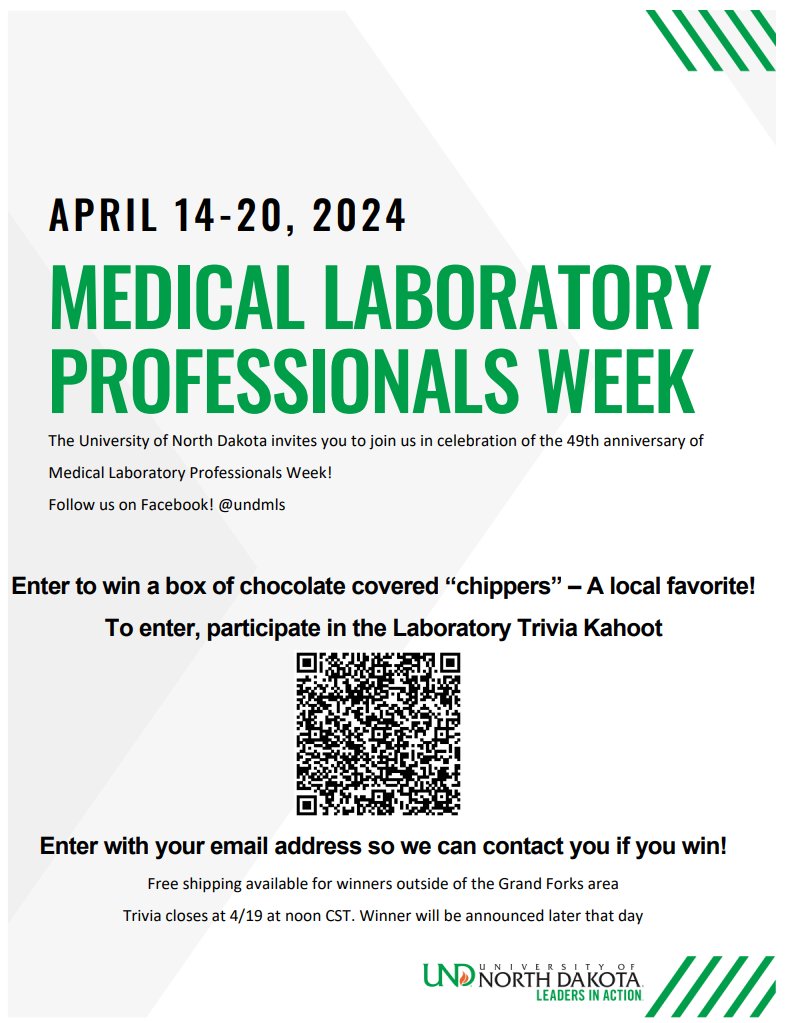 UNDMLS's tweet image. Happy Lab Week! Test your laboratory knowledge and compete against others using Kahoot! Chance to win a box of chocolate covered 'Chippers'. 
One entry per person. The Kahoot! closes at noon CST on 4/19.