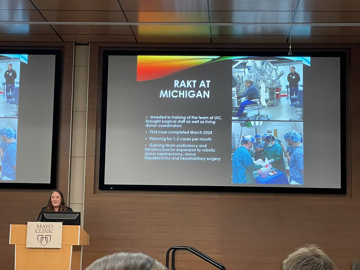 Mayo Clinic AZ Department of Surgery (@mayoazsurg) on Twitter photo This morning, we were privileged to have program-alumni, <a href="/DaniHaakinson/">Dani Haakinson</a> from <a href="/UMichSurgery/">Michigan Surgery</a> come back home to give grand rounds on robotic transplant surgery.
🤖 application is increasing in the field of transplant with benefits evident for both surgeon & patient! This morning, we were privileged to have program-alumni, <a href="/DaniHaakinson/">Dani Haakinson</a> from <a href="/UMichSurgery/">Michigan Surgery</a> come back home to give grand rounds on robotic transplant surgery.
🤖 application is increasing in the field of transplant with benefits evident for both surgeon & patient!