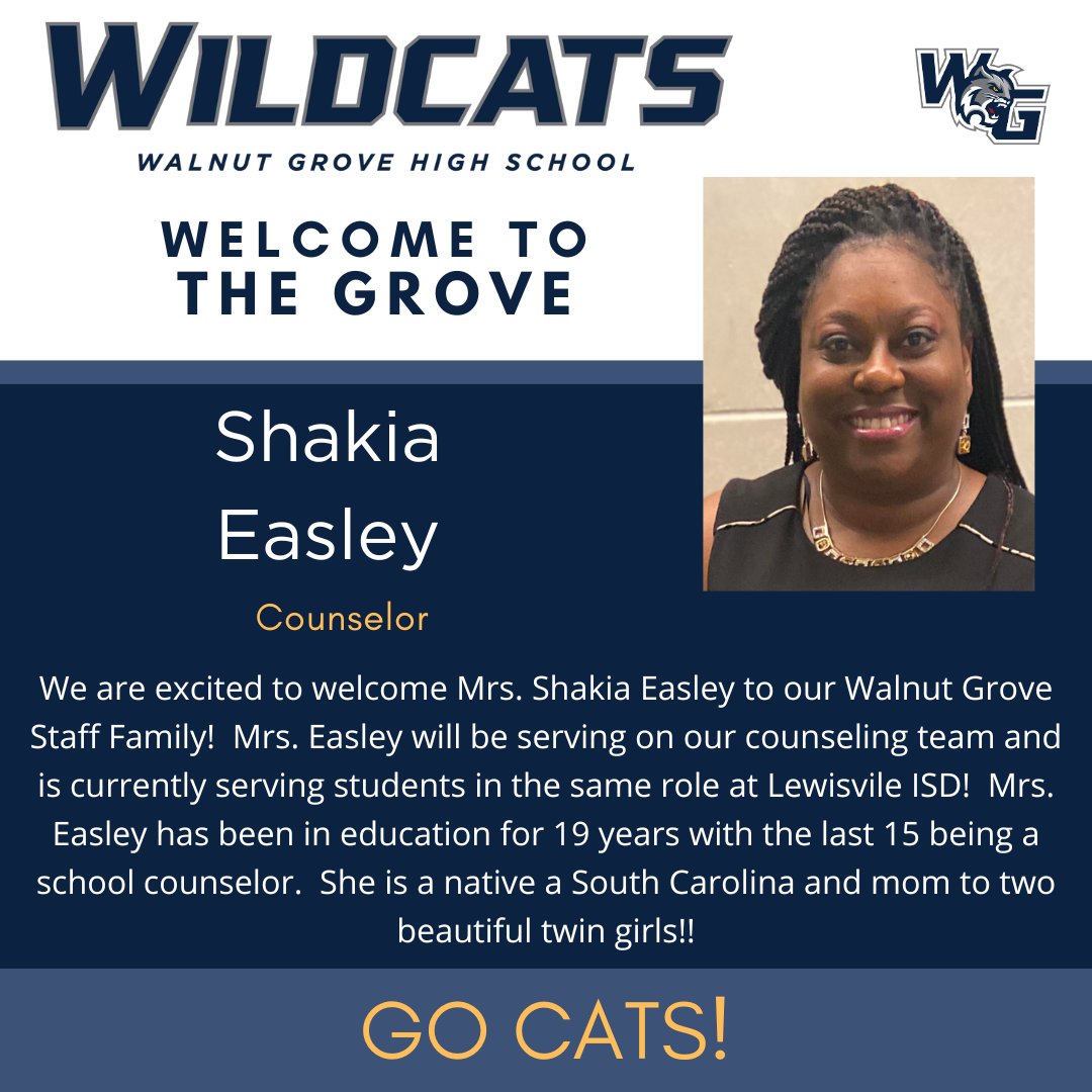 We are excited to share another new hire announcement today and are thrilled to welcome Mrs. Shakia Easley to our incredible counseling department! Mrs. Easley has 19 years of education experience and 15 as a school counselor #TheStandard @ProsperISD @TothDustin @WGHS_Counselors