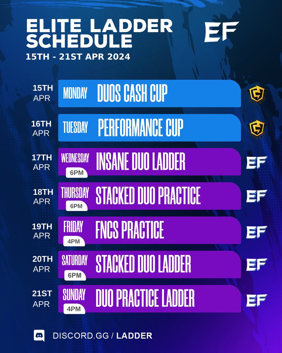 Our Duo Ladders return on Wednesday, with 5 consecutive days of ladders! 🤝 You can see our full schedule below: