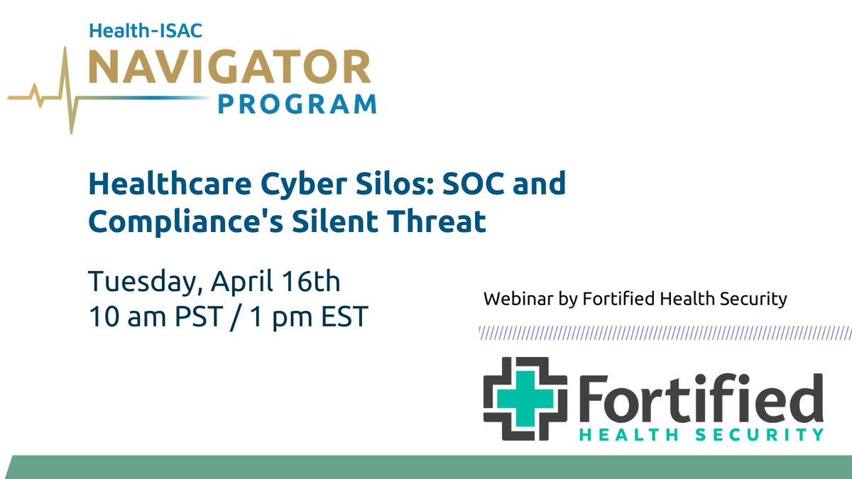 TODAY AT 1 PM ET! Healthcare Cyber Silos: SOC and Compliance's Silent Threat webinar by Fortified Health Security (@FortifiedHITSec) portal.h-isac.org/s/community-ev… #healthcarecybersecurity #healthcaresoc #FortifiedHealthSecurity
