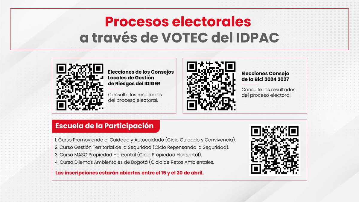BogotaParticipa's tweet photo. #Entérate I Si necesitas información sobre los procesos electorales del #IDPAC a través de la plataforma #VOTEC, agéndate revisando nuestro cronograma informativo, aquí👀👇
Comparte esta información con tu organización social y/o junta de acción comunal. https://t.co/3YKjzyN5eA