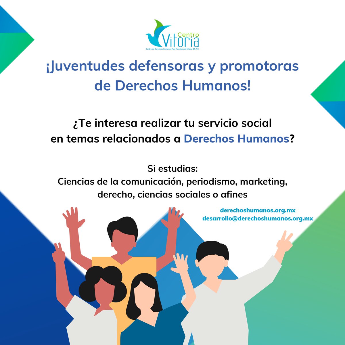 CentroVitoriaMX's tweet image. En en el Centro Vitoria estamos comprometidos con el desarrollo de #juventudes interesadas en #defender y #promover los #DerechosHumanos. Si te interesa formar parte de esta lucha, da click al siguiente link
👉 derechoshumanos.org.mx/servicio-social
