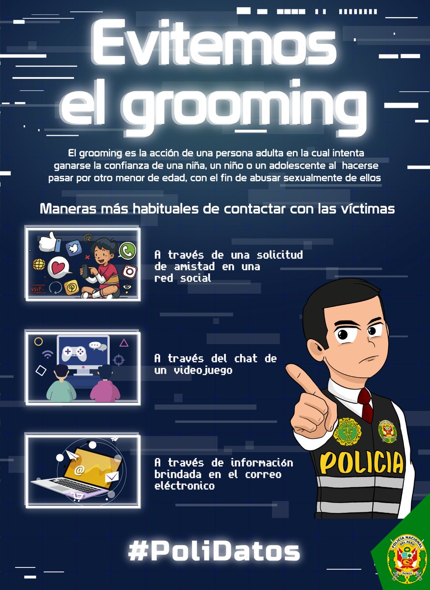 #PoliDatos🚨| Si los niños y jóvenes en casa pasan mucho tiempo en internet, ¡Ten mucho cuidado!  
⚠️| Sigue las siguientes recomendaciones y evita que ellos sean víctimas de los ciberacosadores: #Grooming