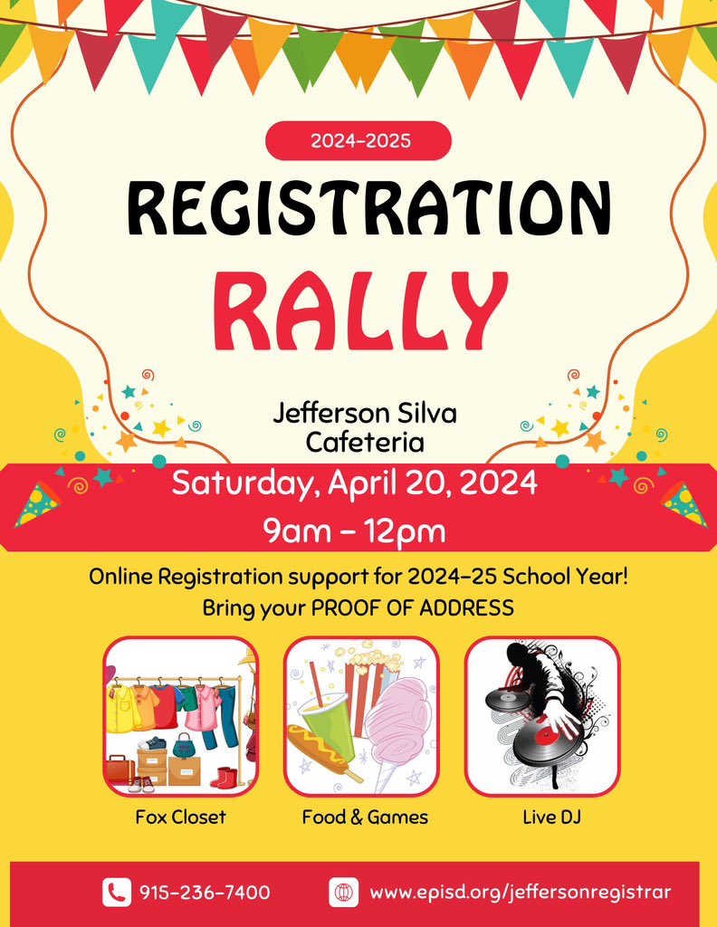 Come visit us this Saturday, 4/20 9 am - 12 pm, in the cafeteria for our Registration Rally. Get registered for the next school year (bring proof of address)!  There will be a free Fox Closet pop-up shop, food options, and music.