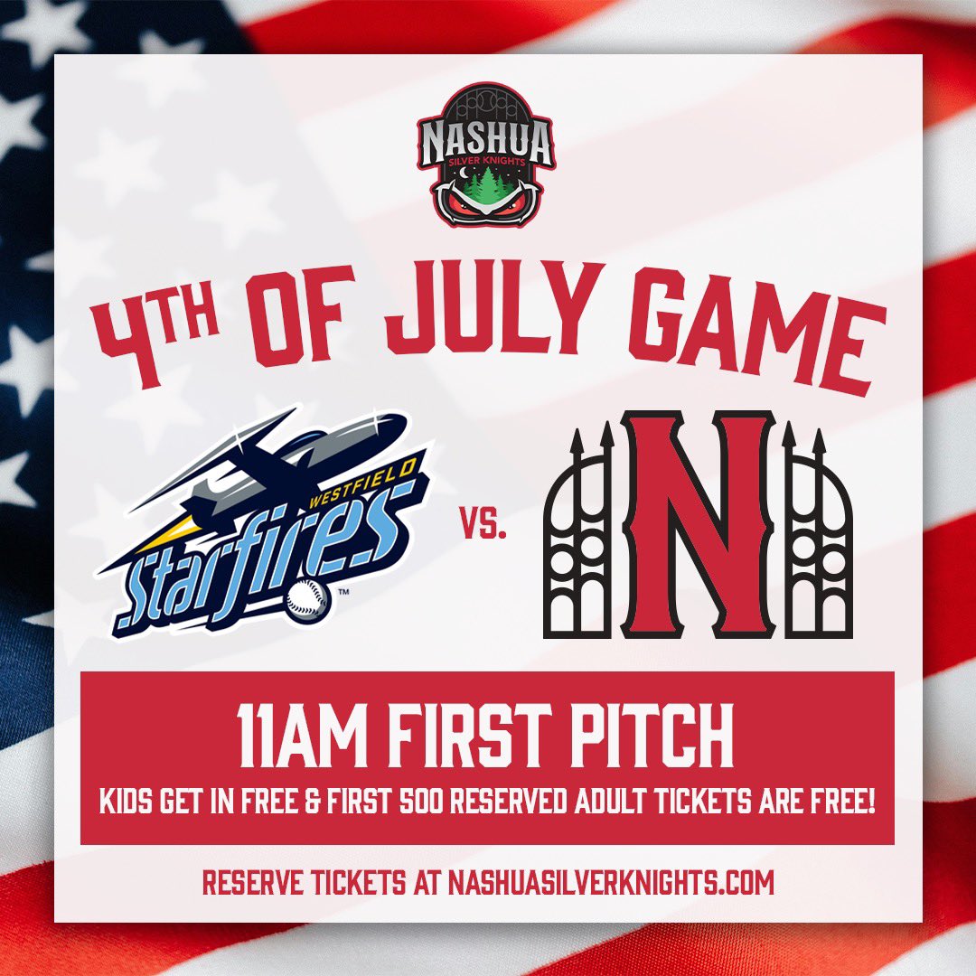 For the third straight year the Knights will be at home on the 4th! All kids 12 and under will get in for free, and the first 500 adults (13+) to reserve tickets will also be free! Reserve tickets here! nashuasilverknights.formstack.com/forms/4th_of_j…