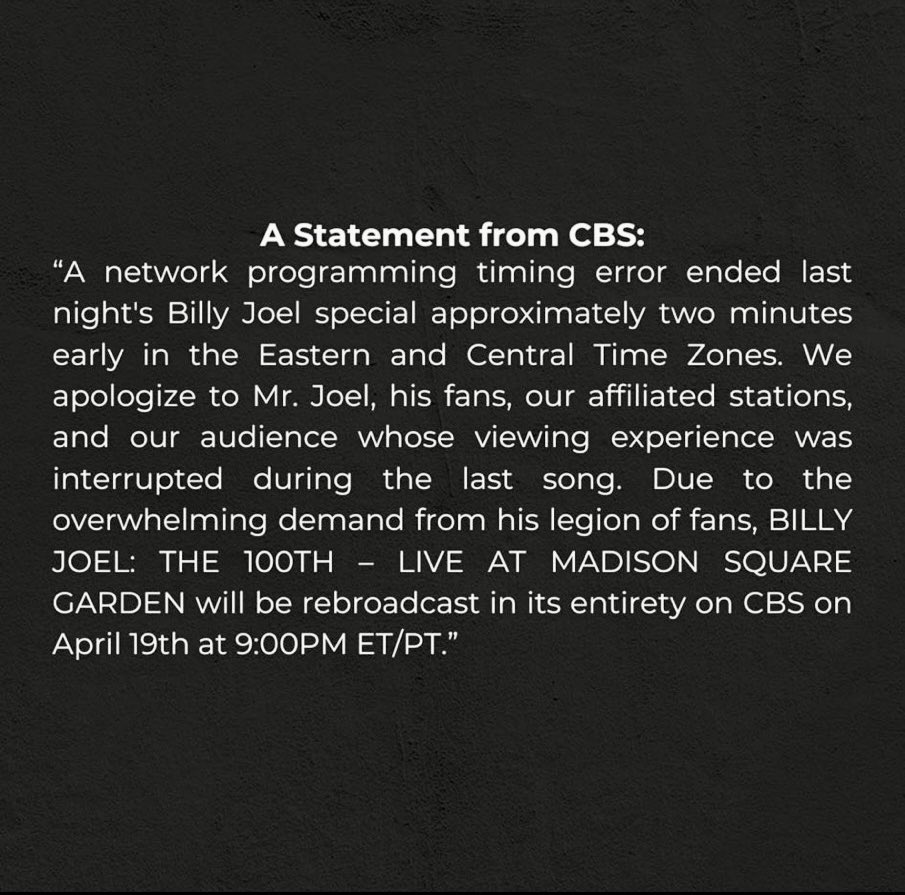 UPDATE: Statement from @CBS, concerning last night Billy Joel concert broadcast: