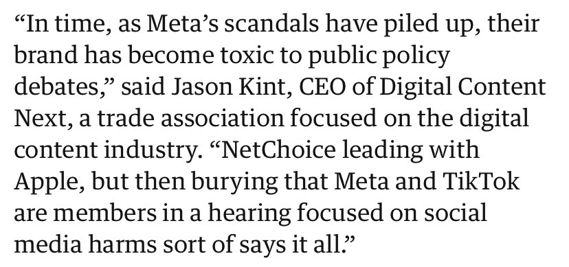 .@jason_kint hitting the nail on the f%*$ing head with this: “NetChoice leading with Apple, but then burying that Meta and TikTok are members in a hearing focused on social media harms sort of says it all.”