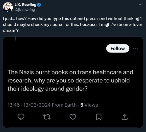 ThePandemos's tweet photo. A common form of holocaust denial is saying "OH, it happened, but the numbers are a lie" OR "It happened, but crimes committed are exaggerated"

JK Rowling did this, so JK Rowling is a holocaust Denier.

Examples? Oh okay, here you go sweeties.

#TransRightsAreHumanRights https://t.co/E6x9kVzFkb
