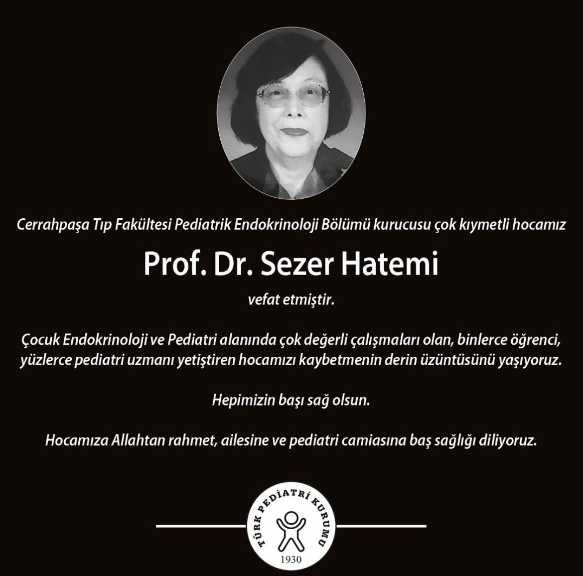 Saygıdeğer @h_hatemi hocamızın muhterem eşi Prof. Dr. Sezer Hatemi’nin vefat haberinden çok müteessir olduk. Merhume hocamıza Allah’tan rahmet dilerim. Başta Prof. Dr. Hüsrev Hatemi hocamız olmak üzere @Elifhevav hocamıza ve Hatemi ailesine başsağlığı dileriz.