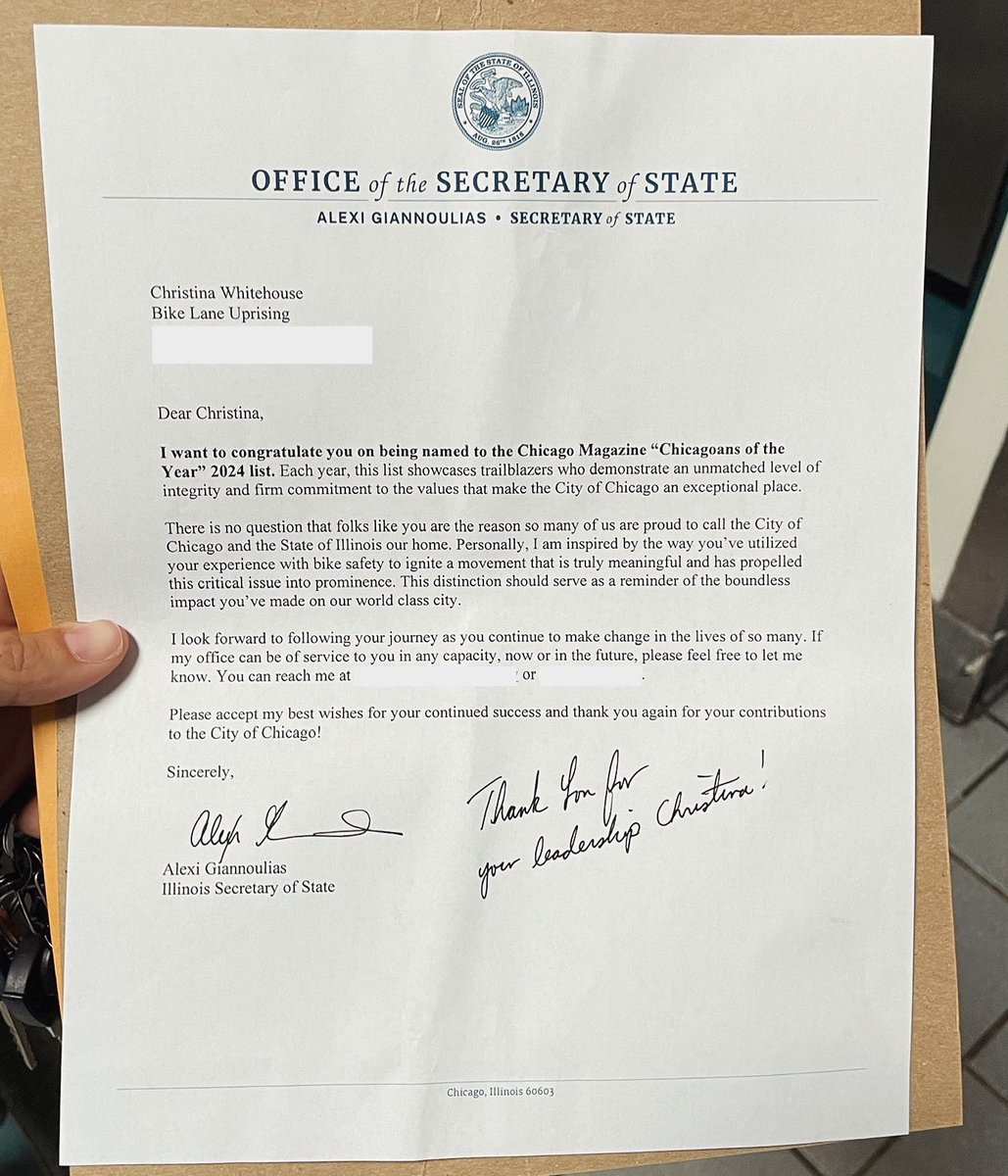 Got a letter from @ILSecOfState today. Our mobile app, database of 70,000 bike lane obstruction, & maps have made this issue something that can’t be ignored. Let’s keep going bike fam - more and more political leaders are paying attention.