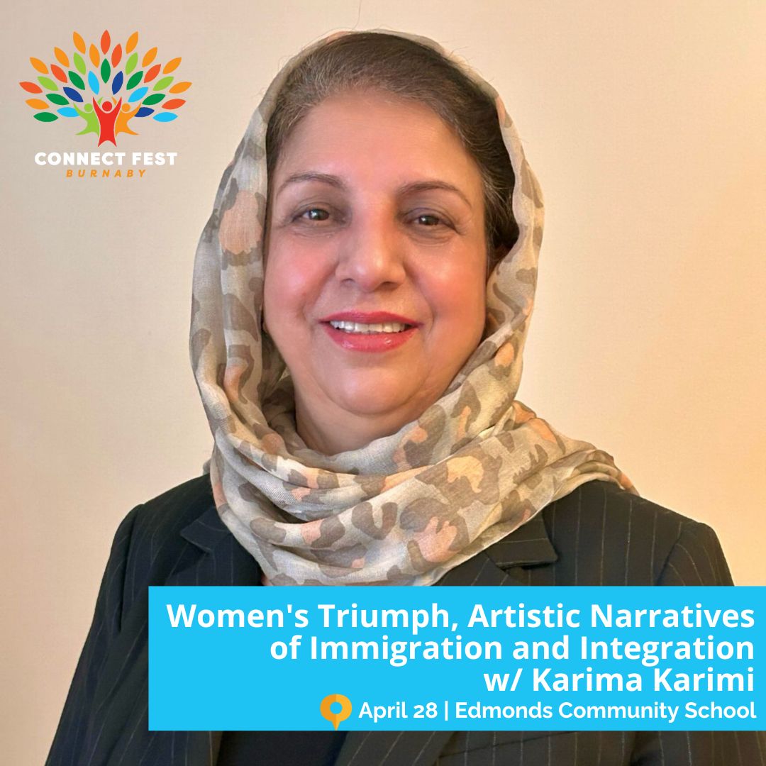Women's Triumph: Artistic Narratives of Immigration and Integration w/ Karima Karimi. Using visual arts and written narratives, we will explore journeys, from immigrating to successfully integrating into a new society. @unitedway_bc connectfest.ca @cityofburnaby