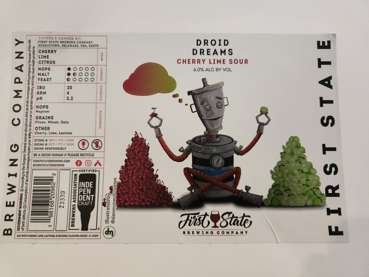 BeerLabelFan's tweet image. This Droid Dreams Cherry Lime sour by @FirstStateBrew  pairs well with a round of Galaga and Find My Way by Paul McCartney &amp;amp; @beck  

Very reminiscent of Sonic's Cherry Limeade
4.3/5

Lovely label with my favorite effect (iridescent sheen) peeled very nicely.