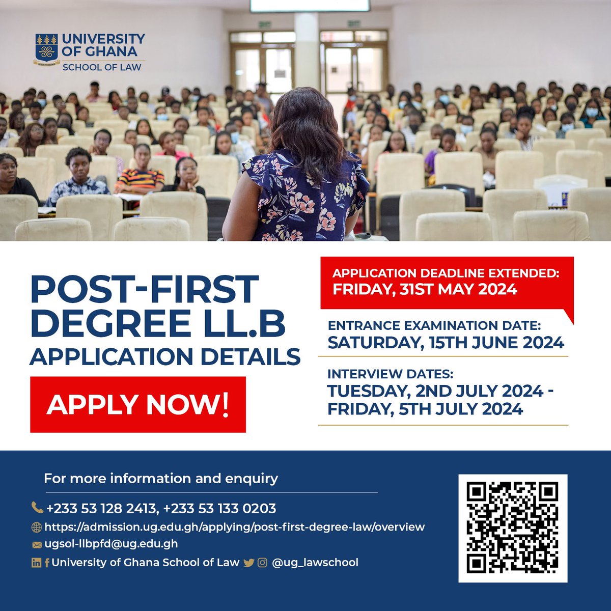 The application deadline for the Post-First Degree LL.B. Programme has been extended!!! Apply now and bag that law degree you’ve always wanted. For more enquiries contact: +233 (0) 30 369 3750 | +233 (0) 53 133 0203 or visit law.ug.edu.gh 📚🔎⚖️ #UGSoL #PFD #mallm