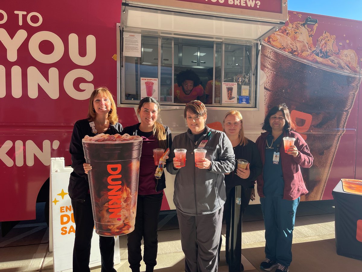 UNCHealthRexHS's tweet photo. Our Holly Springs weekend staff were treated to free coffee and refreshers on Saturday from the Dunkin' Cruiser! It was such a fun morning! Sending a big THANK YOU to the Dunkin Cruiser staff. They are always so awesome! #dunkincruiser https://t.co/HQz7L3hFeB