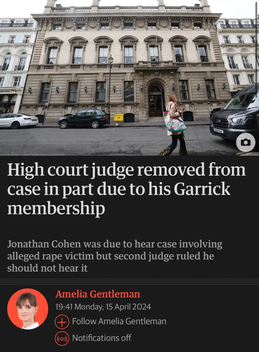 Sir Jonathan Cohen was due to hear case involving rape complainant but second judge ruled he should not hear it — in part because he’s a member of the all-male Garrick Club. This is the second judge who has been recused because of Garrick membership. I am representing the woman.