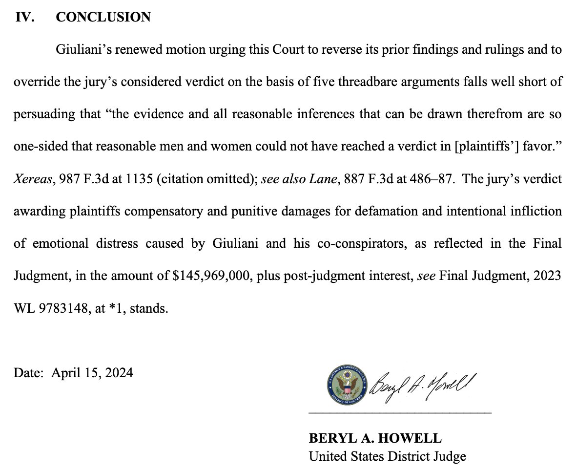 Meanwhile, in Washington, D.C.— Rudy Giuliani FAILS in his effort to reverse the massive defamation judgment he has to pay Georgia election workers Shaye Moss and Ruby Freeman.