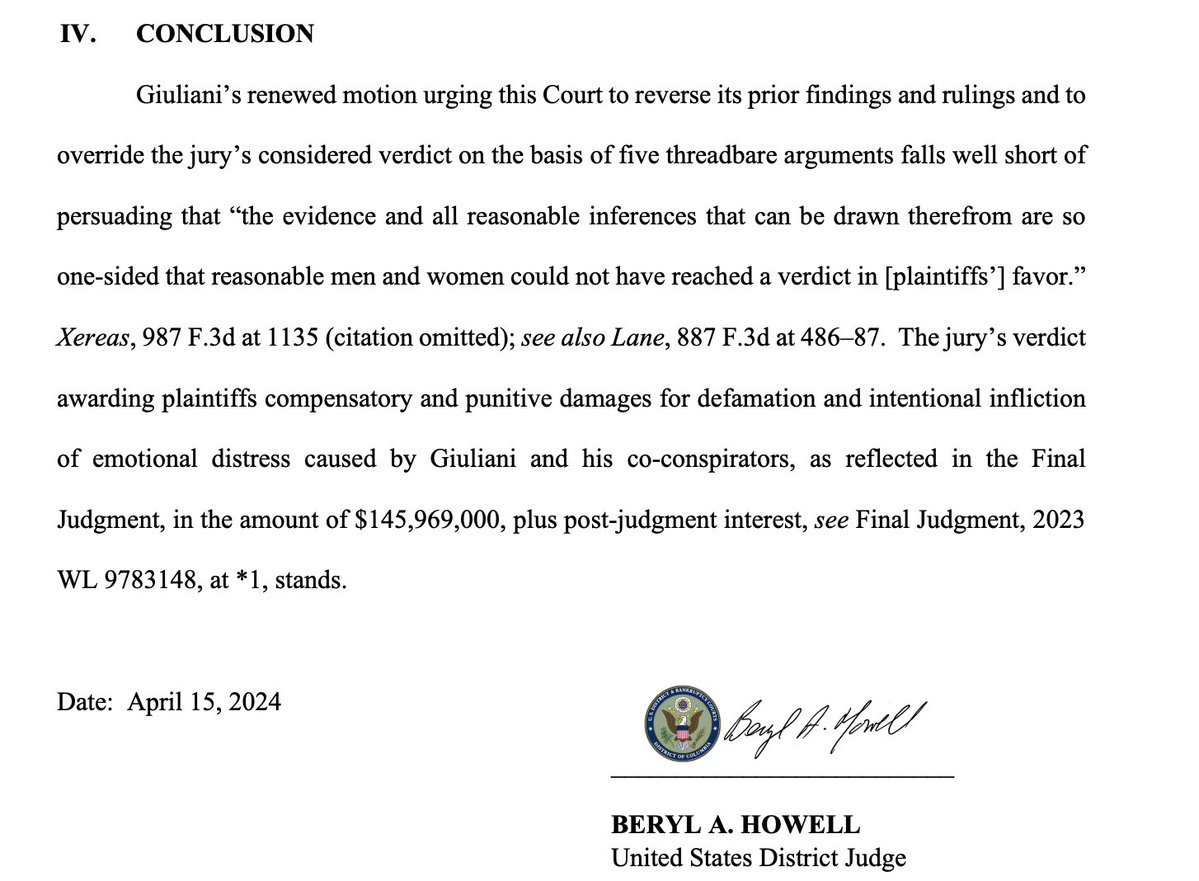 JUST IN: Judge Howell upholds the jury's defamation verdict against Rudy Giuliani in a 48-page opinion. storage.courtlistener.com/recap/gov.usco…