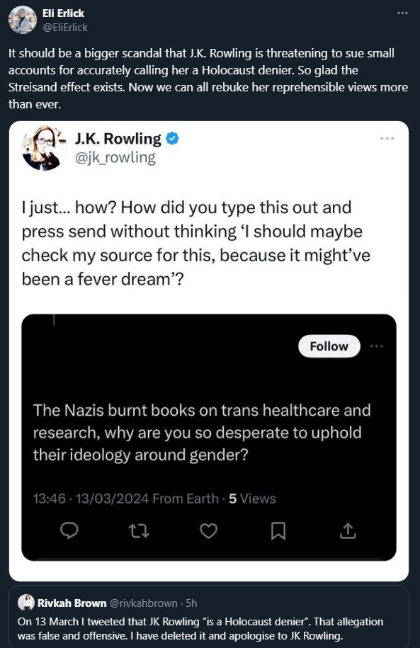 How exactly is J.K. Rowling holocaust denial only considered an allegation when it has been well documented? and how would she think that threatening for a retraction would not invite the inevitable Streisand Effect?