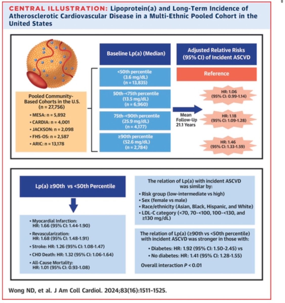 Lipoproteina (a) y eventos CV en diferentes subgrupos de pacientes @JACCJournals 🧷 Se asocia con un riesgo ⤴️ de eventos CV independientemente del sexo, etnia, riesgo CV o valores de c-LDL 🧷 Mayor impacto en pacientes con DM2 (P interacción=0,0056) jacc.org/doi/10.1016/j.…