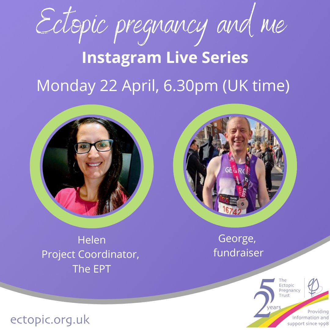 Join us next week, Monday 22 April at 6.30pm UK time, for the next instalment of our #EctopicPregnancyandMe Instagram Live series. Helen will be joined by EPT fundraiser, George, for a partners experience of #ectopicpregnancy. Find us on Instagram: @ectopicpregnancy