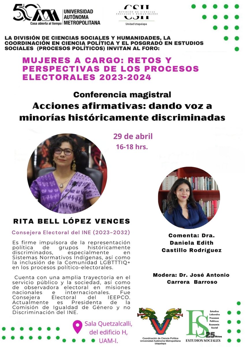 DocenciaCSH's tweet photo. El 29 de abril a las 4 P.M. la Conferencia estará a cargo de la Consejera @RitaBellLpz   con los comentarios de la Dra. @DanielaChateau 

El tema: Acciones afirmativas: dando voz a minorías históricamente discriminadas

Se llevará a cabo en la Sala Quetzalcalli del edificio H https://t.co/QRMcg137qs