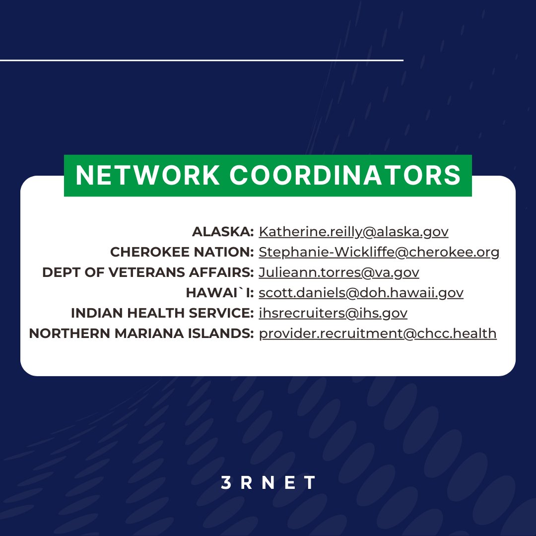 Here at #3RNET, we work with 54 Network Coordinators across the US that act as the connector between job seekers and the #rural and underserved employers in your state. 📍Alaska, Cherokee Nation, Dept of Veteran Affairs, Hawaii, Indian Health Service, Northern Mariana Islands