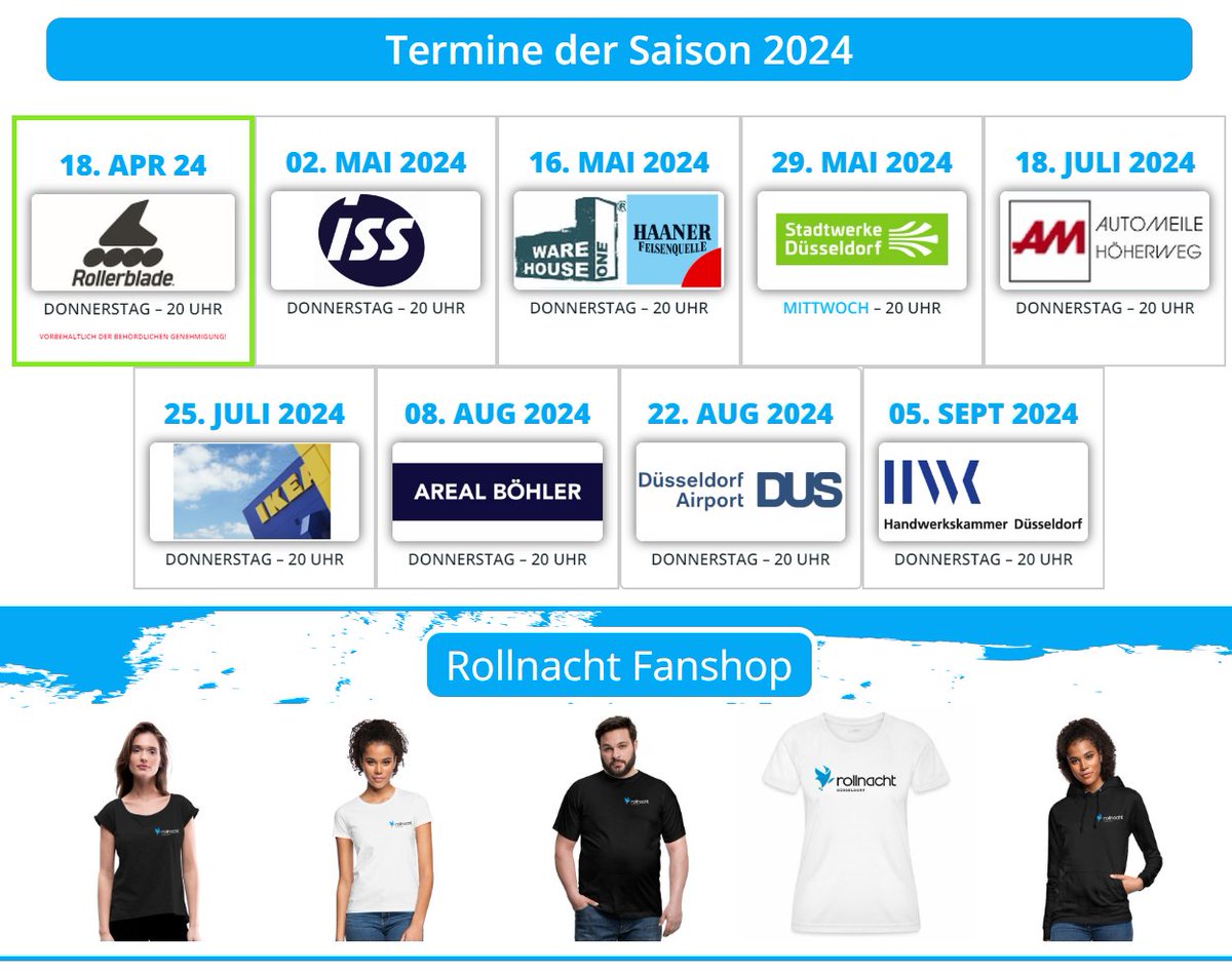 Rollnacht's tweet photo. Es geht wieder los - die Termine der Rollnacht für die Saison 2024 stehen fest. Alle Infos und unseren neuen Fanshop findet ihr unter https://t.co/BQzWb3PqxB
#Düsseldorf #Sport #Freizeit https://t.co/94qZYG44xe