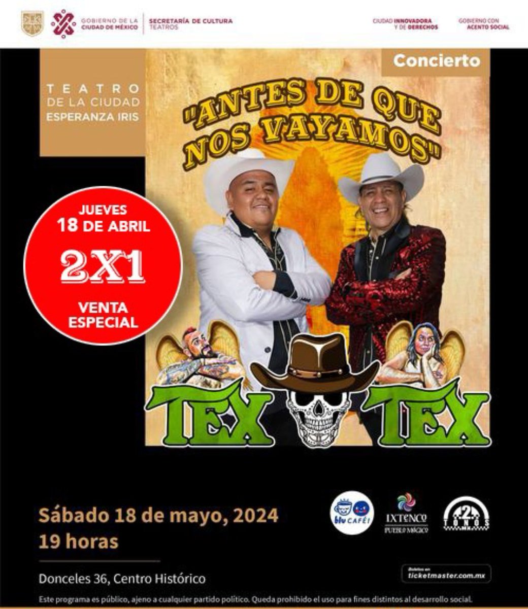 Apoyemos a Nuestros Amigos de Tex Tex en su Presentación del Próximo 18 de Mayo en El Teatro de la Ciudad 'Esperanza Iris' esté Jueves Venta Especial 2 X 1 No te lo Puedes Perder !!! @prestareactor @elomar_ze @PacoMemoRock @TEXTEX_Oficial #Lunes #QueElRockSea #TexTex #rockmex