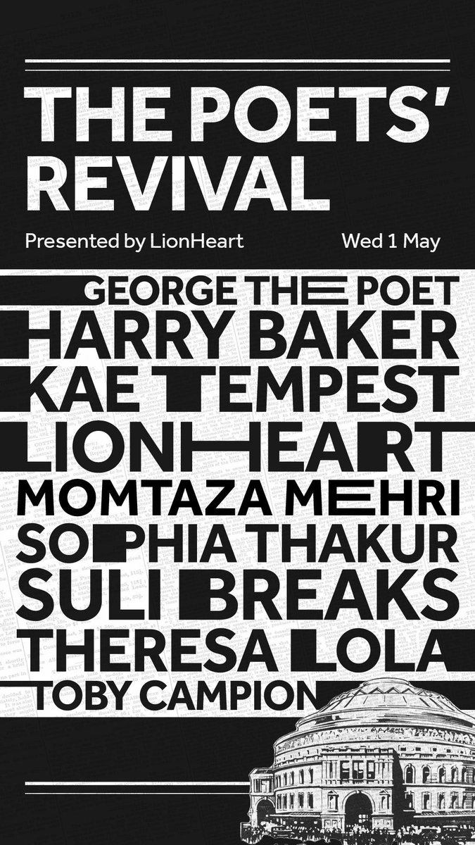 Just a little over 2 weeks to go. Nine poets performing after THE ROYAL ALBERT HALL. ⁦@GeorgeThePoet⁩ ⁦@harrybakerpoet⁩ ⁦@LionHeartfelt⁩ ⁦@SophiaThakur⁩ ⁦@kaetempest⁩ & more 🎙️ Tickets: royalalberthall.com/tickets/events…