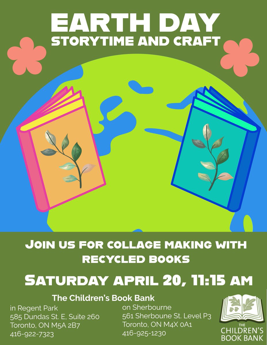 This Saturday April 20th at 11:15 am, we will be celebrating Earth Day with a storytime and collage craft using recycled books! 

#EarthDay #EarthDayToronto #TheChildrensBookBank #TorontoCommunity #RegentParkToronto #TorontoKids #KidsTO #kidsactivitiesintoronto