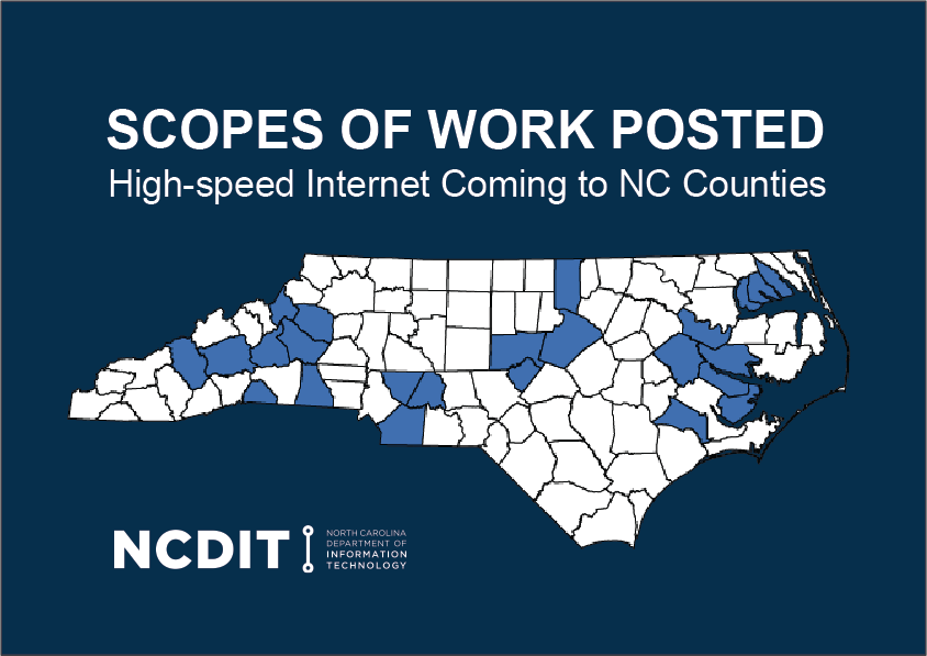 NCBroadband's tweet photo. ICYMI - We have now posted Completing Access to Broadband program scopes of work for 23 #NC counties to expand high-speed internet access to unserved and underserved homes and businesses. View them all and their associated deadlines. https://t.co/UcvlUXYTl6 #InternetIsNotALuxury https://t.co/zNSFwwPp0Z